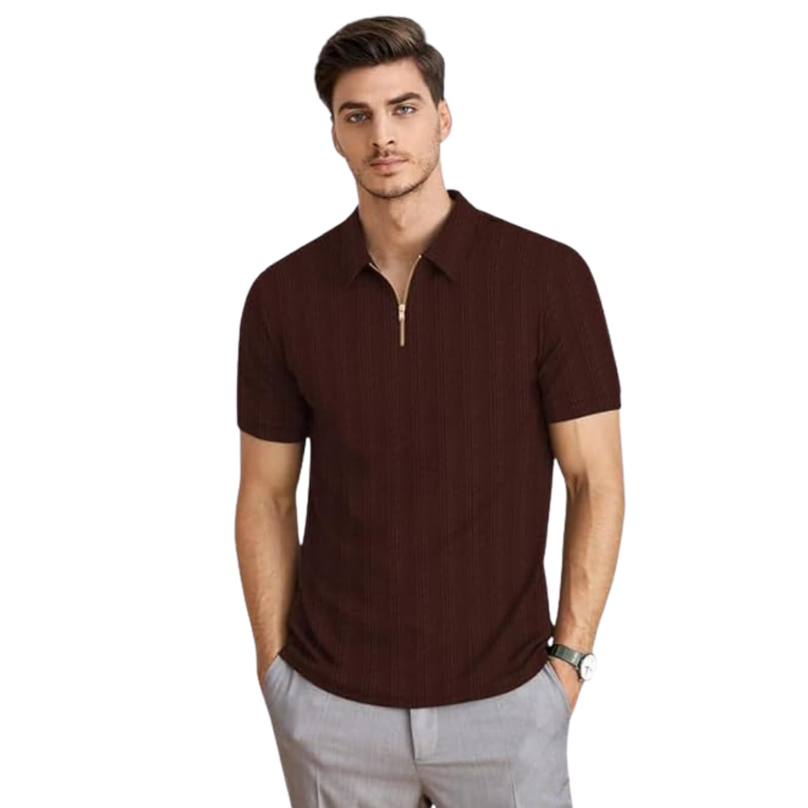 Men’s Polo Neck Textured Polycotton Short Sleeve T-Shirt – Casual Regular Fit for Daily Comfort & Style