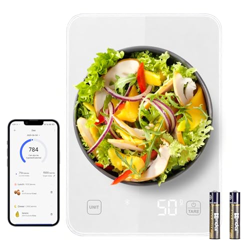 MidingChai Küchenwaage Digital Klein Weiß mit Smart App & Nährwertberechnung, Präzise Grammwaage mit Kalorienanzeige,10KG Wasserdichtes Gehärtetes Glas Lebensmittelwaage für Gewichtsverlust, Fitness