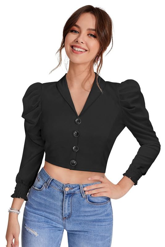 impression fab Women's Puff Sleeve Crop Blazer Top, Button Front Crop Top, Lapel Lapel Collar top for Women| Crop top for Woman-picture-12