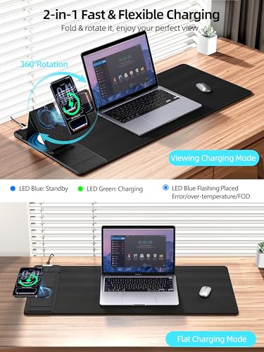 Image of Mouse Pad with Magnetic Wireless Charging & Adjustable Phone Stand | 27.5 inchx11.8 inch Computer Mouse Mat with Anti-Slip Base & Stitched Edge, Easy Gliding, Spill-Resistant Surface, Black