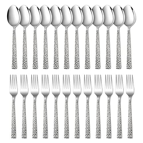 E-far 24-Piece Hammered Forks and Spoons Silverware Set, Stainless Steel Square 12 Dinner Forks and 12 Dinner Spoons, Modern Metal Flatware Cutlery for Kitchen and Restaurant, Dishwasher Saf