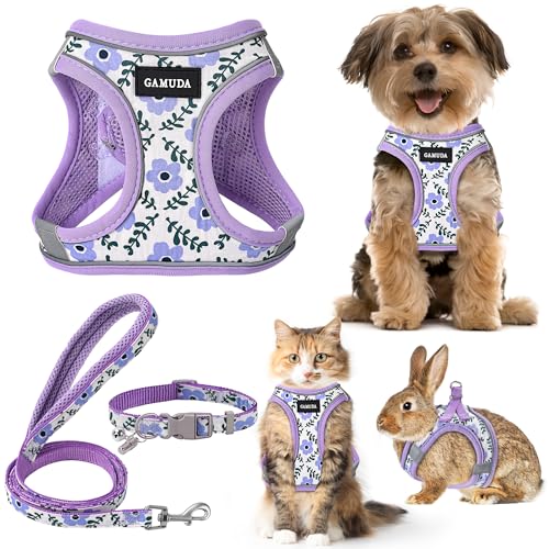GAMUDA Small Dog Harness Collar and Leash Set, Step in No Chock No Pull Soft Mesh Adjustable Dog Vest Harnesses Plaid Reflective for Dogs Puppy Cats Kitten Rabbit (Purple Flower, S)