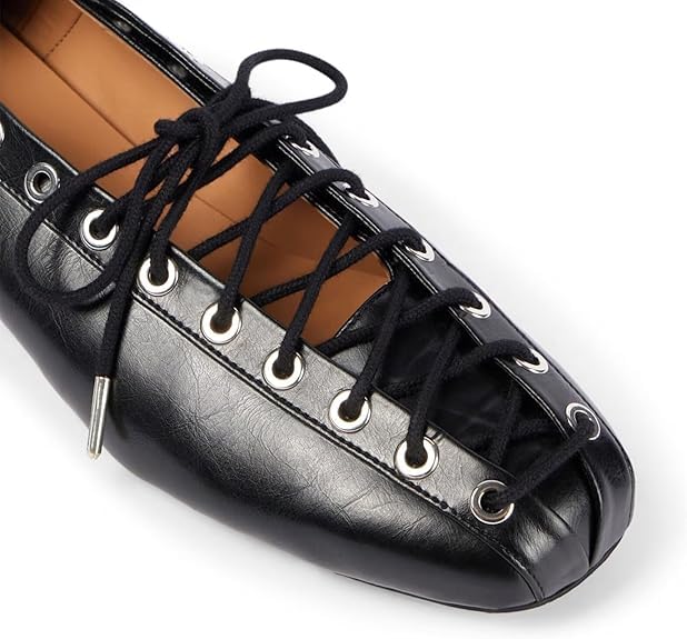 Women's Leather Lace-Up Ballet Flats, Mary Jane Round Closed Toe Slip on Shoes with Elastic Backstrap, Comfort Business Casual Daily Dress Work2