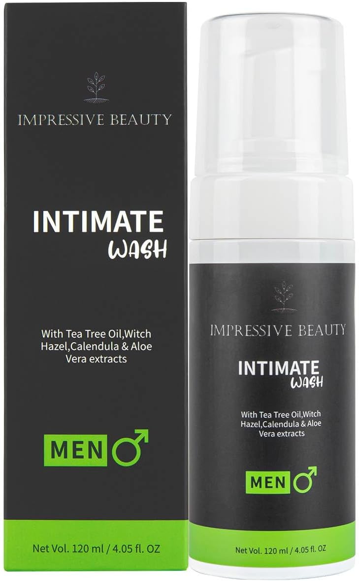 Impressive Beauty Intimate Wash for Men Natural Organic with Tea Tree Oil | pH Balanced Foam Cleansing | Removes Sweat, Bad Odor, Itching, and Irritation | 4.05 fl. oz.