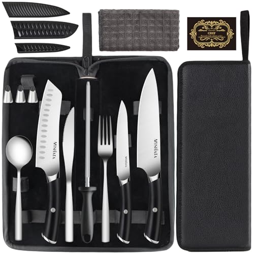 MOSFiATA Juego de cuchillos de cocina de acero inoxidable con funda, 11 piezas para exteriores