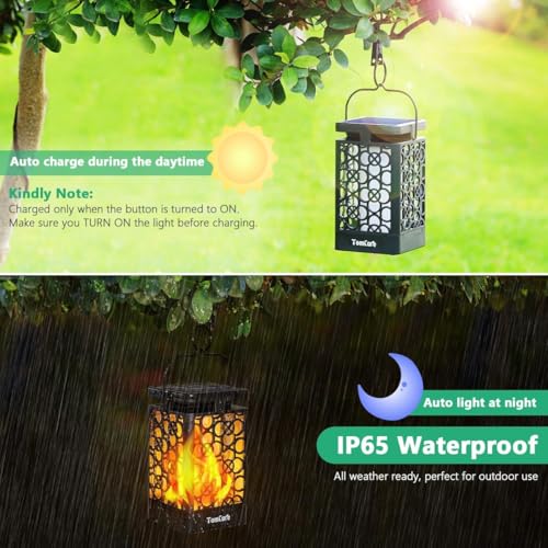 TomCare Solar Lanterns Outdoor Upgraded Flickering Flame Waterproof Hanging Lanterns Decorative Solar Powered LED Christmas Lights for Patio Deck Yard, 2 Pack - Image 6