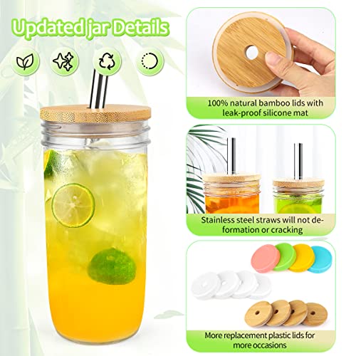 [ 4 Pack ] Glass Cups Set - 24Oz Mason Jar With Lid And Straw Reusable Iced Coffee Cup Wide Mouth Bubble Cups, Smoothie Bobo Cup W 12 Airtight Lids Brush,Tumbler Drinking Bottle For Pearl Tea, Juice #TOP1