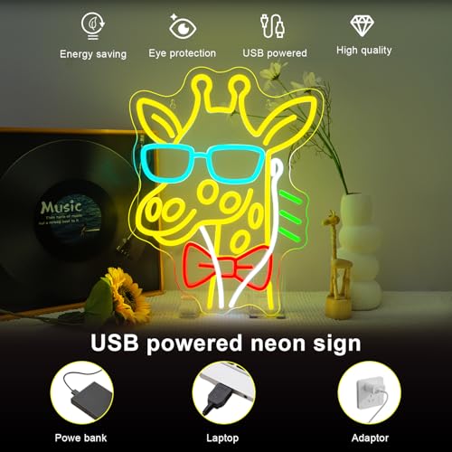 Image of Lucunstar Giraffe Neon Sign Music LED Sign for Wall Giraffe Decor for Bedroom Studio Live House Animal Neon Light Up College Room Music Gifts for Animal Lovers Teens