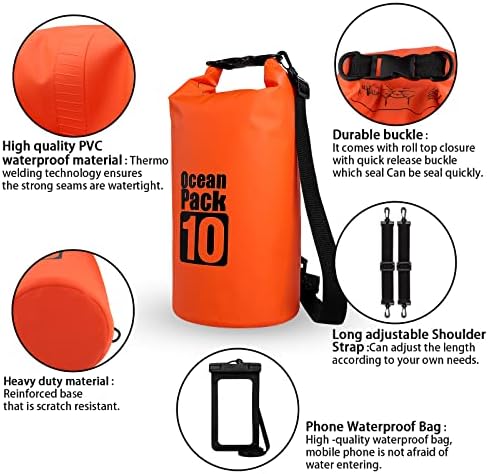 Coolzon Dry Bag with Waterproof Phone Pouch,Waterproof Bag Dry Sack with Double Shoulder Straps for Kayaking Rafting Boating Hiking Camping Travel Fishing Sea Swimming, 10L Orange