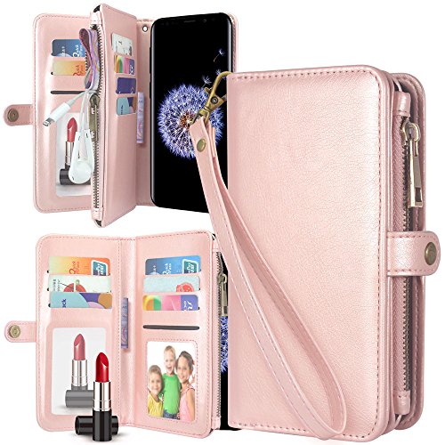 Harryshell Galaxy S9 Plus Case, Luxury 11 Card Slots Mirror PU Leather Zipper Wallet Flip Kickstand Protective Case Cover with Wrist Strap for Samsung Galaxy S9 Plus (2018) (Rose Gold)