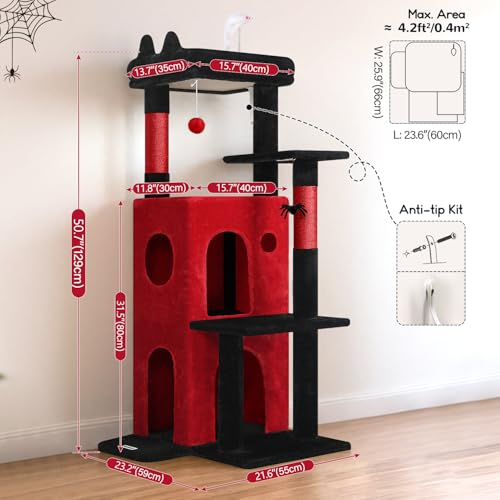 Image of Globlazer Gothic Cat Tree Tower for Indoor Cats, 50-inch Goth Adult Cat Tree House for Large Adult Cats with Steps, Scratching Post, 2 Cat Caves, Dangling Toys, FC50, Blood-Goth