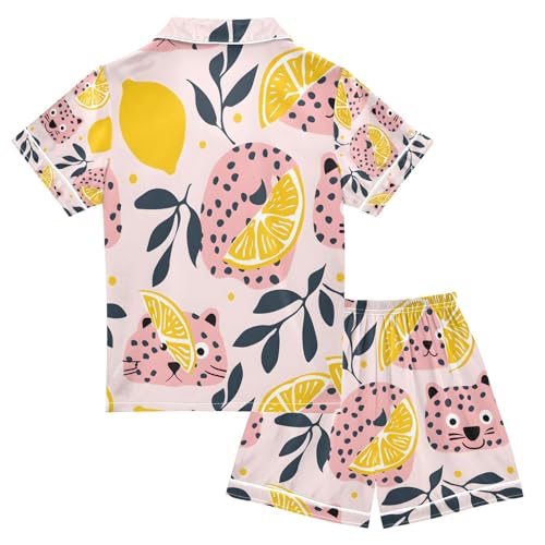 senya A Leopard Lemon Satin Summer Pajama Sets Silk Short Sleeve Button Down Sleepwear2