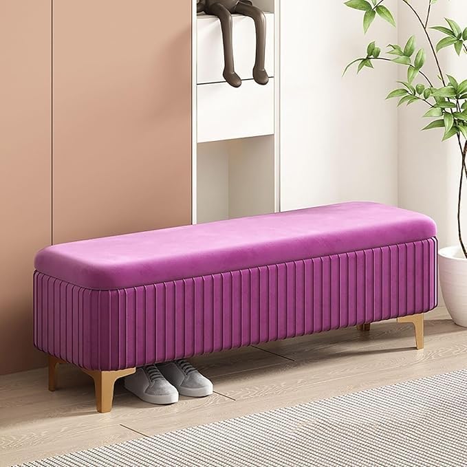 Image of LEGACY OF COMFORT Qwen Velvet Upholstered Flip Top Storage Bench 2 Seater Sofa Upholstered Ottoman Bench with Storage for Living Room, Bedroom (Purple)