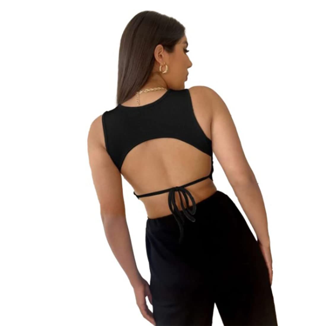 Solid Women Tie Backless Western Stylish Sleeveless Ribbed Crop Top-image-39