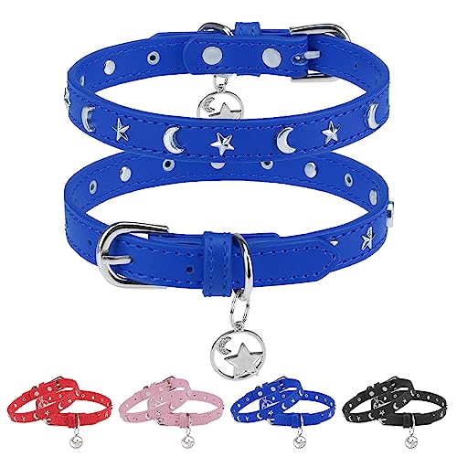 Dillybud Leather Dog Collar For Puppy Small Medium Dogs, Adjustable Star And Moon Studded Pet Collars With Rust-Proof Metal Buckle And Charms, Xs S Dog Collars For Boy And Girls, Size 11-14" Blue #TOP29