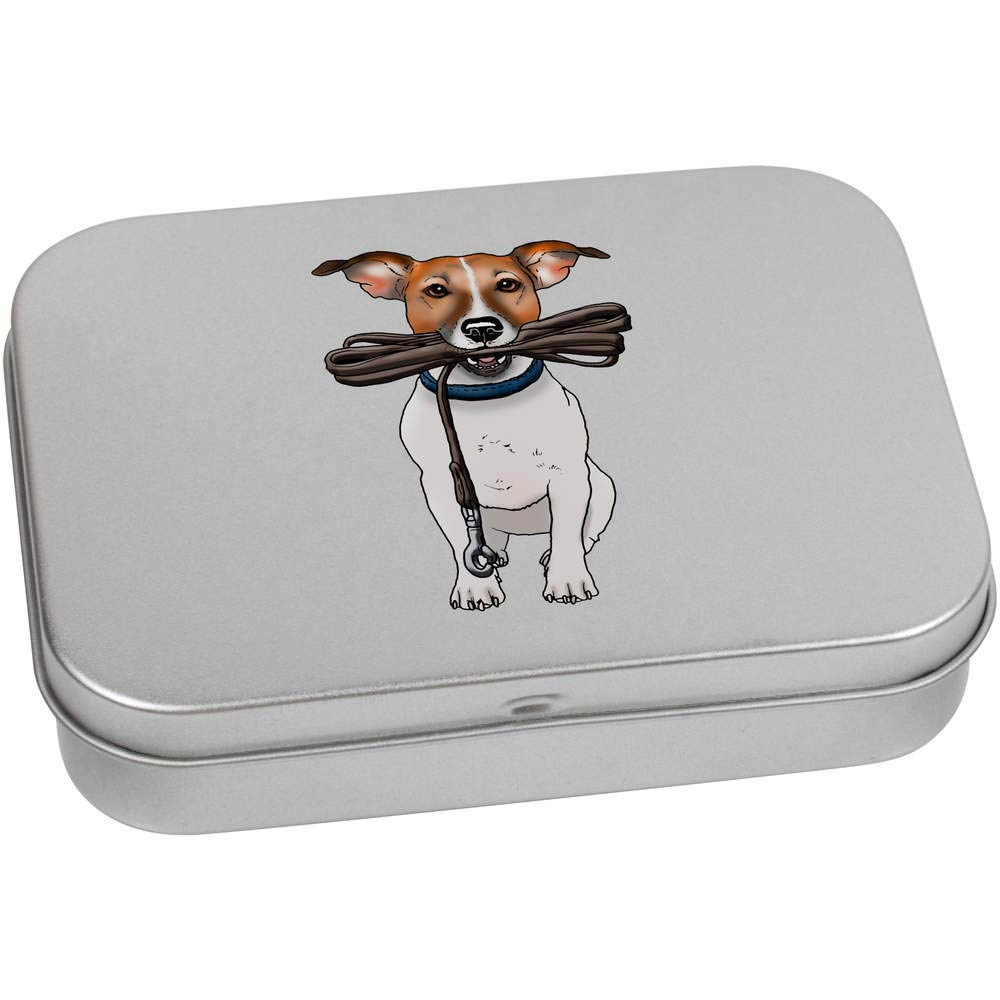 Azeeda 110mm 'Jack Russell Holding Lead' Metal Hinged Tin/Storage Box (TT00145631)