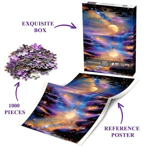 Puzzle de paisaje de cascada fantástica para adultos 1000 piezas, puzzle escénico de río y luna, naturaleza, arte de noche estrellada, puzzle desafiante como decoración del hogar miniatura 5
