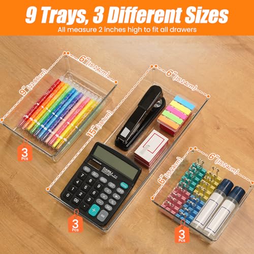 Image of 9 Pack Clear Plastic Drawer Organizer Set, Acrylic Non Slip Non Cracking Kitchen Drawer Storage Tray Large Size Divider, Multifunctional Storage for Cosmetics, Bathroom, Tools, Kitchen and Office