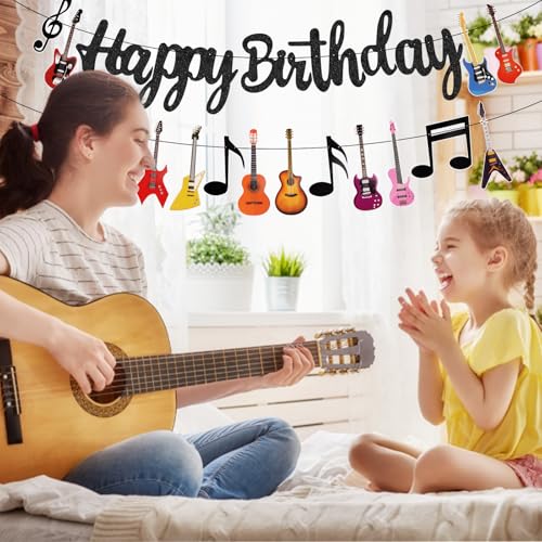 Image of Hooqict Happy Birthday Banner Guitar Birthday Party Decorations Music Party Banner Garland Sign for Rock and Roll Guitar Party Decorations Supplies