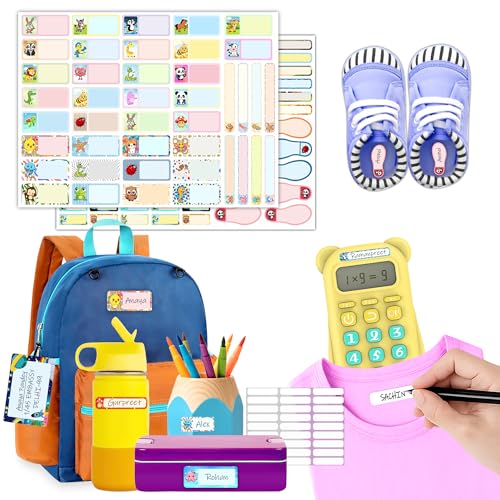 Image of GLUN Jambo Pack Name Stickers - 156 Pcs Self-Adhesive Vinyl Labels with Cute Animal Designs & 1 Marker, for Kids Bottles, Lunch, Clothes & Kitchen Use