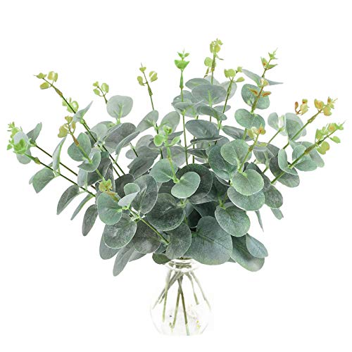 Hjyokuso - 20 hojas artificiales de eucalipto, tallos de plata seca falsa, plantas de plástico para festivos, fiestas, bodas, jardines, hogar, oficina, decoración al aire libre e interior (gris verde) Cover