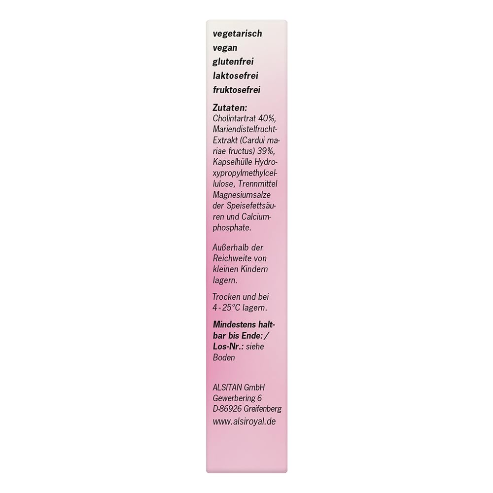 Alsiroyal Mariendistel Kapseln plus Cholin · Leberkomplex · hochdosiert | Mariendistel standardisiert auf 80% Silymarin · Cholin für Leberfunktion & Fettstoffwechsel · nur 1 Kapsel täglich · vegan