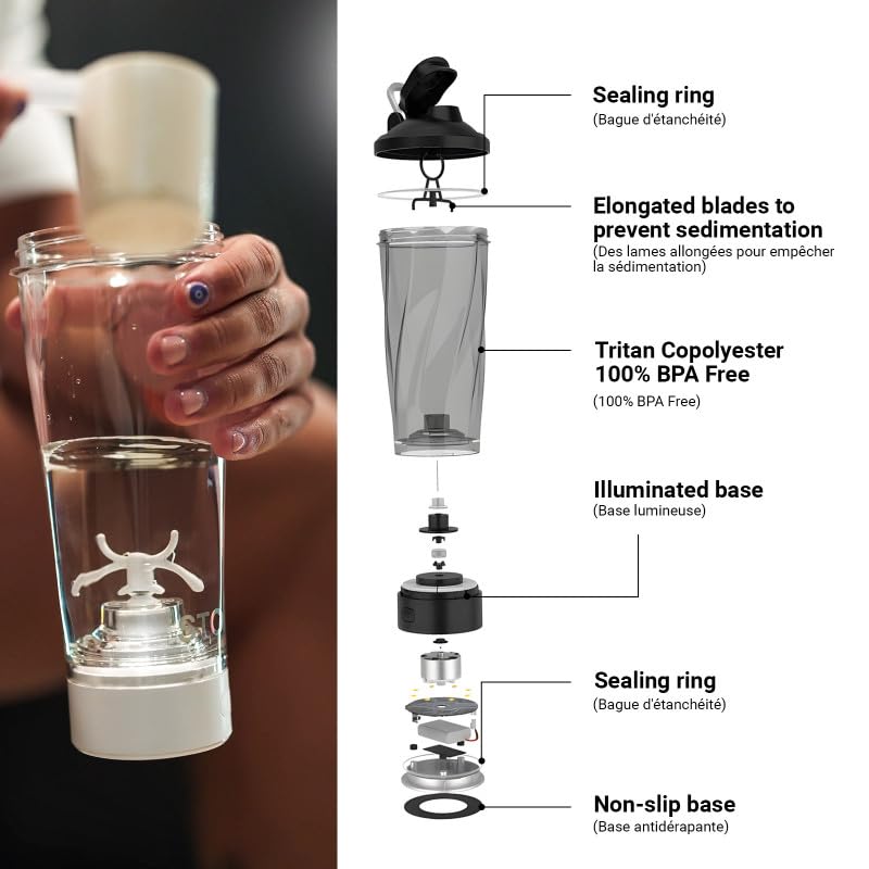 Stormix - Shaker elettrico | Mixer di alta qualità | Preparazione omogenea per proteine, pre Workout | Capacità 700 ml | Tritan e ABS, senza BPA | Basso volume sonore | Ricaricabile USB