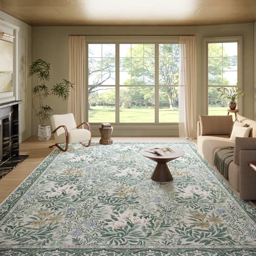 Image of Botanical Floral Area Rug 9x12 Light Green Cream Vintage Garden Design, Perfect for Living Room, Bedroom, Kids Room, Nursery - Stain & Water Resistant Non-Slip, Pet & Child Friendly Area Rugs