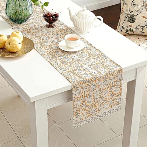 Image of Kuber Industries 13x72 Inch Dining Table Runner for Home Decor | 6 Seater Cotton Table Protecter Use for Kitchen & Buffet Cabinet | Vine Print - White & Yellow