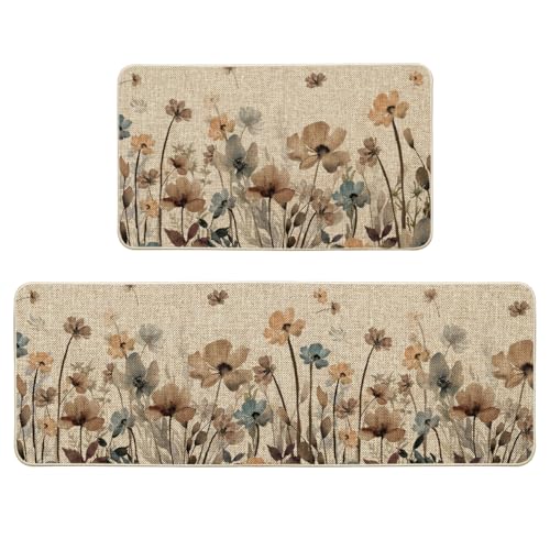 Artoid Mode Juego De 2 Alfombras De Cocina Con Diseño De Flores Silvestres Y Hojas De Primavera, Lavables Para Decoración Interior Y Exterior, 43 X 73 Y 43 X 118 Cm