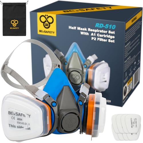BEESAFETY Half Face Respirator Mask with 2 A1 Gas Filters & 8 P2 Dust Replacement Filters, RD-510 Reusable Respirator for Cleaning,Painting, Resin, Solvent Fumes,Sanding,Home and Industrial Dust