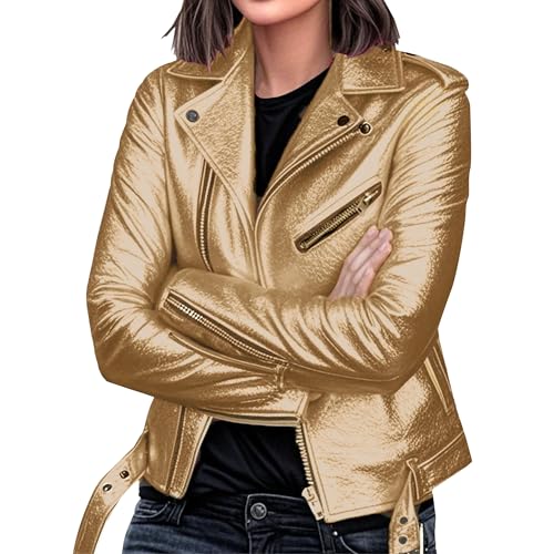 Veste en similicuir tendance pour femme, manteau de motard, style bombardier, couleur or, taille L, automne 2025