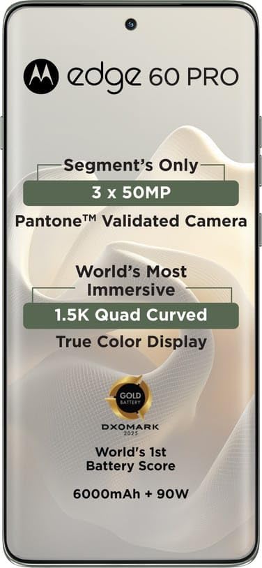 Image of Motorola Edge 60 Pro 5G (Pantone Shadow, 12GB RAM, 256GB Storage) | Dimensity 8350, 6.7 inch 1.5K 120Hz Display, 50MP Triple Camera, 6000mAh Battery, 90W TurboPower, IP68 /IP69