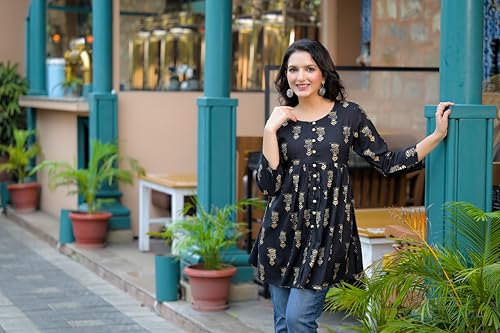 Image of Women's Black Printed Cotton Top | Round Neck, 3 /4 Sleeves & Flared Fit | Casual Wear