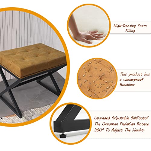 Czlolo 20" W×18“H Leather Vanity Stool With Metal X Base, Modern Upholstered Tufted Ottoman Bench For Living Room/Bedroom/Makeup Room/Entryway, Brown #TOP3
