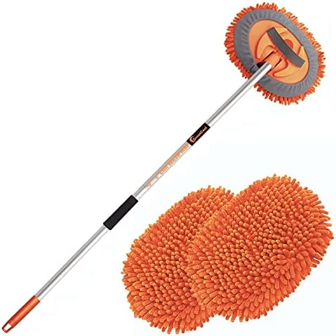 GreatCool 160CM Autowaschbürste Waschbürste Auto mit Langer Griff, 2 in 1 Orange Mikrofaser Chenille Autowaschmopp Waschhandschuh Reinigungsbürste für Auto RV Trucks Wohnwagen Wohn