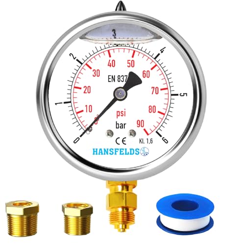 Manómetro Hansfelds 0–6 bar/psi, esfera de 63 mm, conexión inferior de latón G1/4' BSP, relleno de líquido (glicerina), clase de precisión 1,6, incluye 2 reductores a 3/8' y 1/2'.