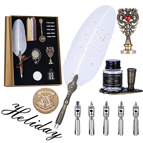 feather pen set，Wax stamp set ，Quill Feather Pen, Hand Made Antique Quill Dip
