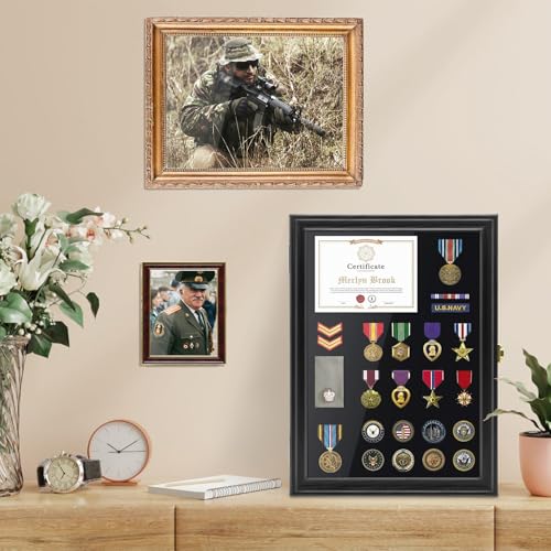 Image of PiaoHao 15.4 inchX 11.2 inch Pin Display Case Medal Shadow Box with 98% UV Protection for Military Medals, Beach Tags, Jewelry Pins, Pin Gift, Insignia Ribbons, Pin Enthusiast Collectibles Black Finish