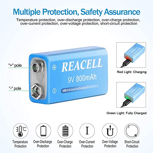 4 Pack Usb Rechargeable 9V Lithium Batteries, Reacell Long Lasting 800Mah / 7200Mwh 9 Volt Rechargeable Battery 1.5 Hours Quick Fully Charge With Led Indicator #TOP3