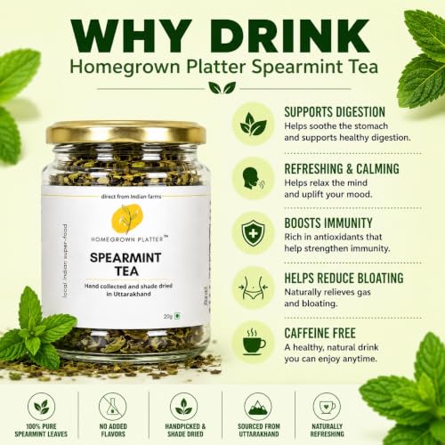 Image of Homegrown Platter Organic Spearmint Herbal Tea | Antioxidants Rich Refreshing Tea | Loose Spearmint Leaves | Ayurvedic Menthol Rich Tea - 20g