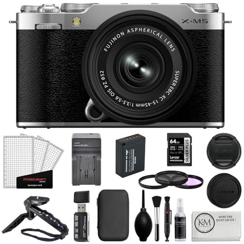 Image of FUJIFILM X-M5 Mirrorless Camera with XC 15-45mm f /3.5-5.6 Lens | Silver Bundle with 64GB Memory Card + Battery & Charger + Grip Tripod + Filter Set + Deluxe Starter Kit + Cleaning Cloth (8 Items)
