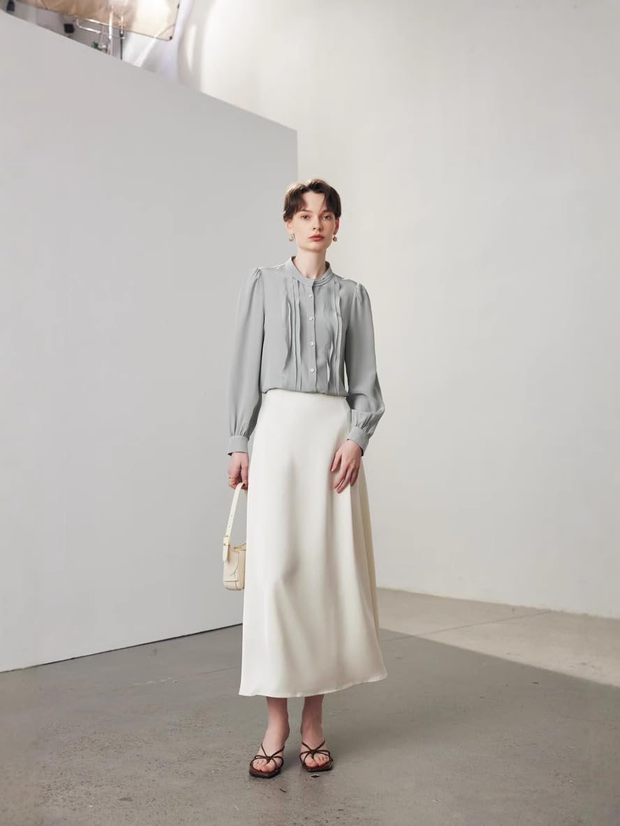 Donna Blusa da Ufficio in Seta a Maniche Lunghe con Collo Alto