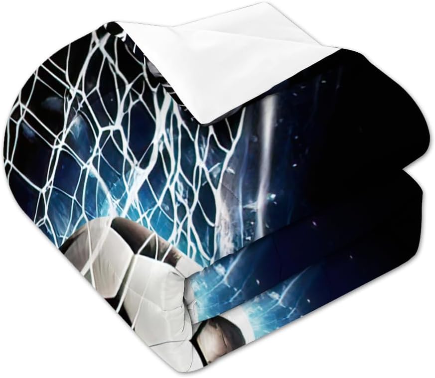 Soccer Comforter, Custom Name Ball in Net Blue Soccer Bed Set 3 Pcs Soccer Bedroom Decor Soccer Comforter Full Soccer Comforter Queen Sport Microfiber Bedding Set for Boy Girl Kids, Teen