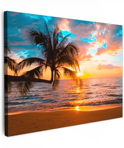 MuchoWow© Impressions sur Toile 70x50 cm Deco Tableau Murale Decoration Salon Peinture Tableaux Chambre Toiles Maison Palmier - Coucher de soleil - Horizon -...