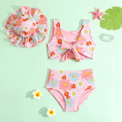 Bikini para niñas reversible de cintura alta con lazo y sombrero para el sol 3