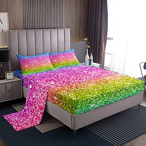 Loussiesd Double Glitter Bed Sheet Set, Baby Girl Kids Teens Rainbow Colorful Bed Sheets, Super Soft, Girly