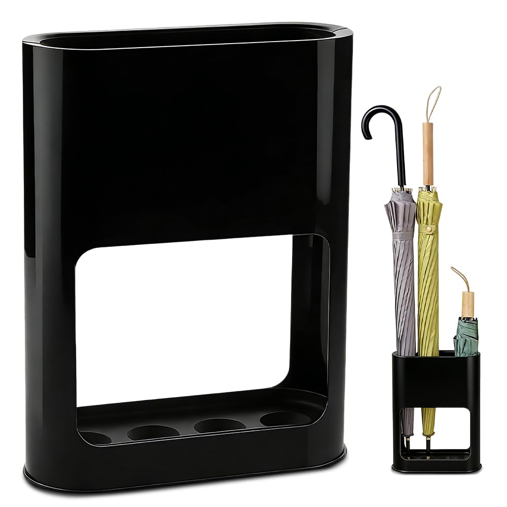 Paragüero Negro 4 Ranuras 28x21.8x9cm Bandeja de Goteo Extraíble Organizador Paraguas Largos Cortos