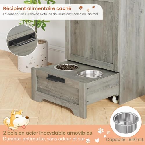 Crevyteg Station d'alimentation pour Chien avec Rangement – Meuble de Stockage pour croquettes avec 2 gamelles surélevées, Porte-croquettes et Crochets – Organisateur à Jouets – Blanc – vue 3