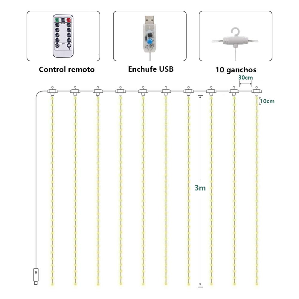 SUNNOW Cortina de Luces, 300 LED 300 * 300cm 8 Modos Cadena de Luces con Remoto,Alimentadas .por USB,Resistente al Agua,Guirnaldas Luminosas para Fiestas,Navidad,Bodas,Ventanas,Interior,Exterior.